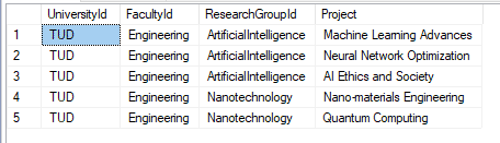 Screenshot of an SQL table showing university, faculty, research group and project fields used to illustrate inserting XML data into SQL tables
