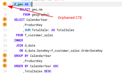 code snippet showing SQL query with orphaned CTE marked in red