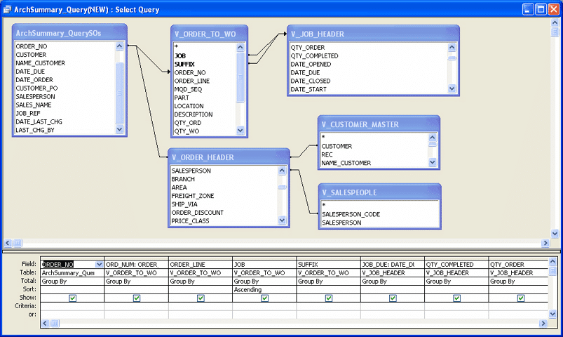 database query interface showing multiple related tables and fields