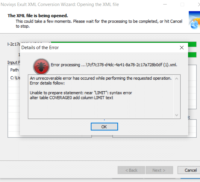 Error message in Novixys Exult XML Conversion Wizard showing a syntax error related to the 'LIMIT' statement