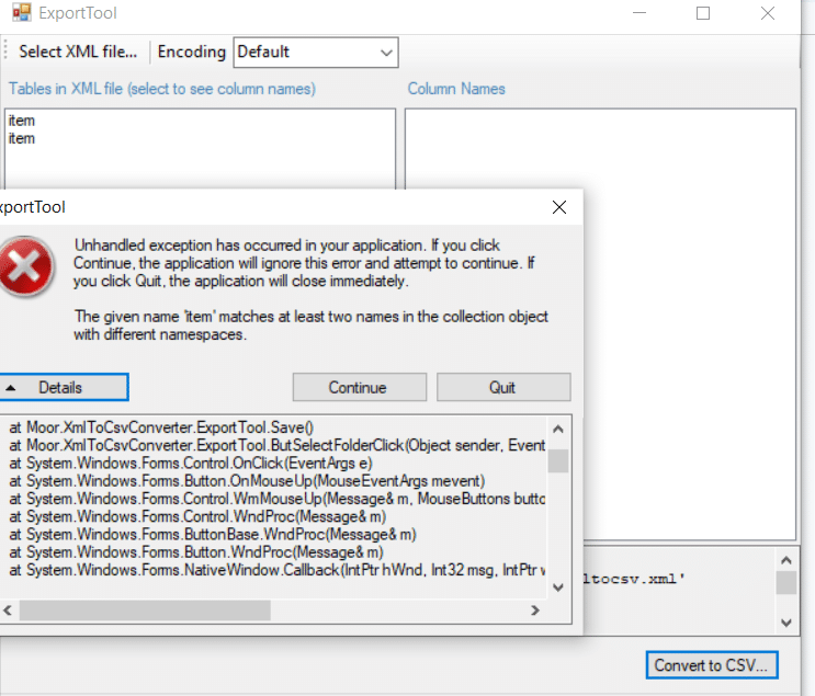 ExportTool error message showing an unhandled exception due to duplicate item names in XML