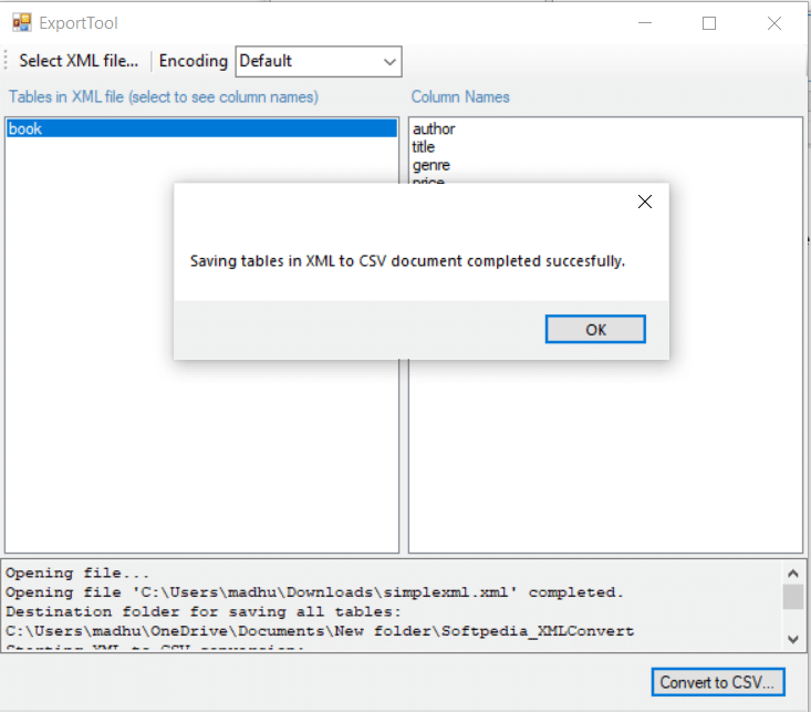 ExportTool window showing successful XML to CSV conversion message with column details