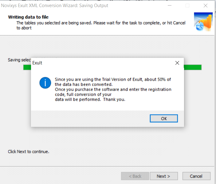 Exult XML Conversion Wizard notification stating only 50% of data is converted in trial version