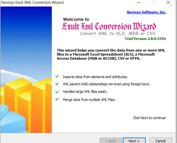 Exult XML Conversion Wizard welcome screen with features and options to convert XML files