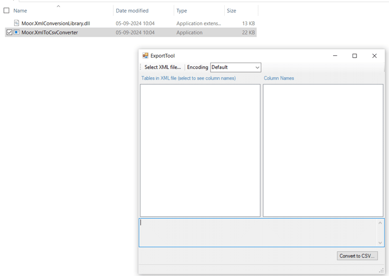 File explorer with XML conversion tool open, showing file selection and conversion options