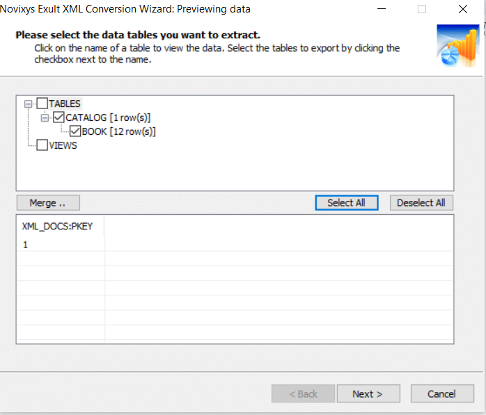 Novixys Exult XML Conversion Wizard displaying selected tables for data extraction