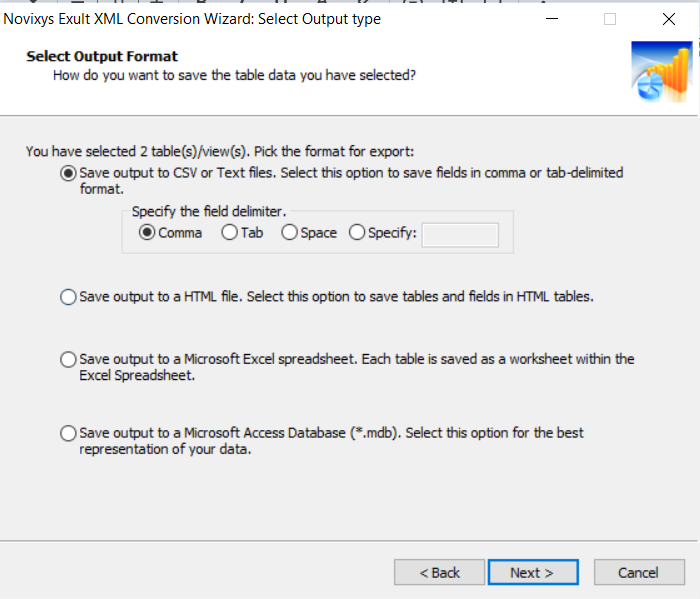 Novixys Exult XML Conversion Wizard screen showing output format options for saving table data