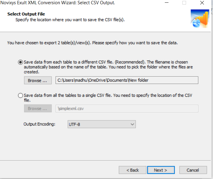 Novixys Exult XML Conversion Wizard screen showing options to export tables to CSV