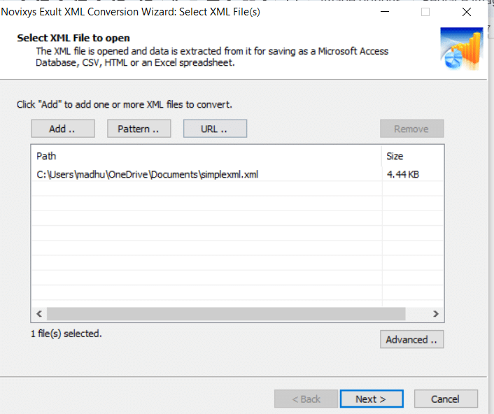 Novixys Exult XML Conversion Wizard screen showing selected XML file for conversion