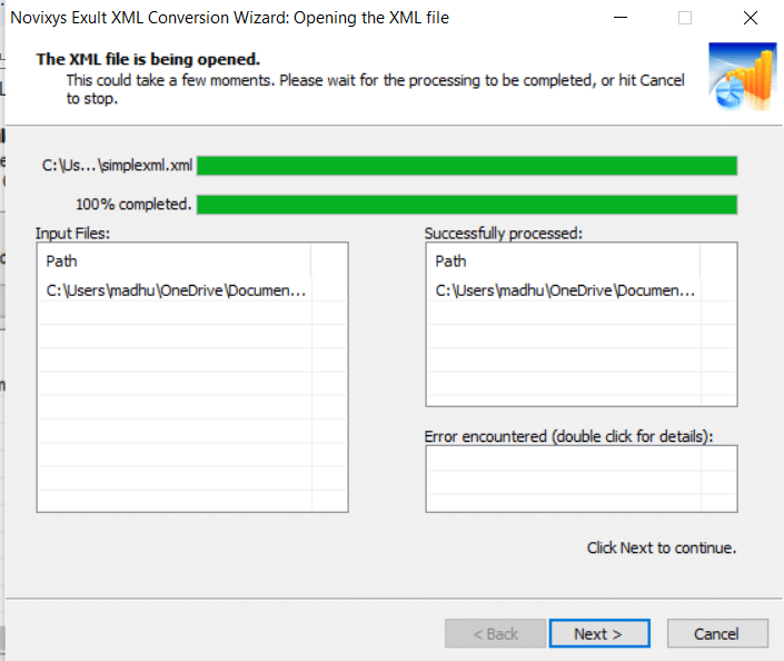 Novixys Exult XML Conversion Wizard showing XML file processing completion at 100%