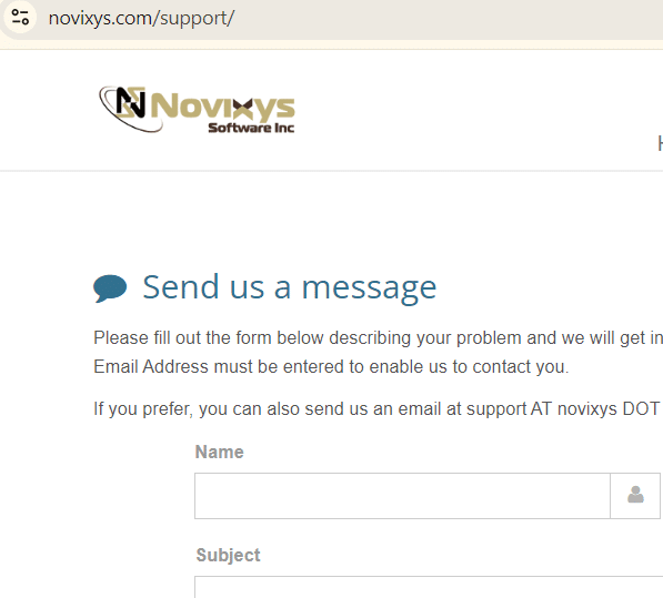 Novixys Software support page with a form for submitting messages and email contact option