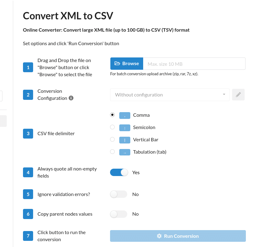 Online tool interface for converting XML to CSV, showing file upload, delimiter options, and settings