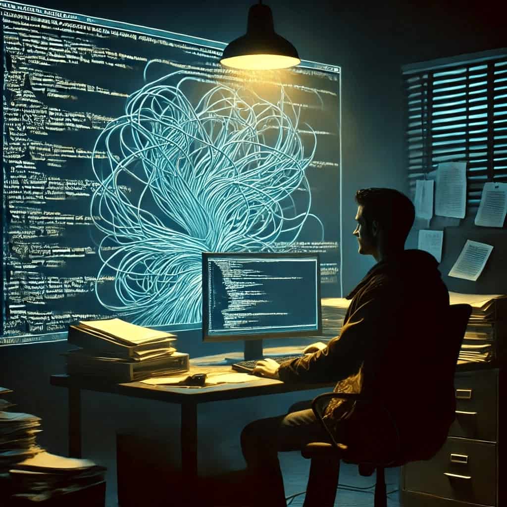 person working at a desk surrounded by papers with code displayed on screen