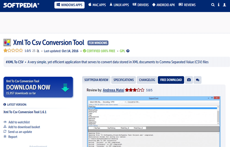 Softpedia page for XML to CSV Conversion Tool, showing download button and user review