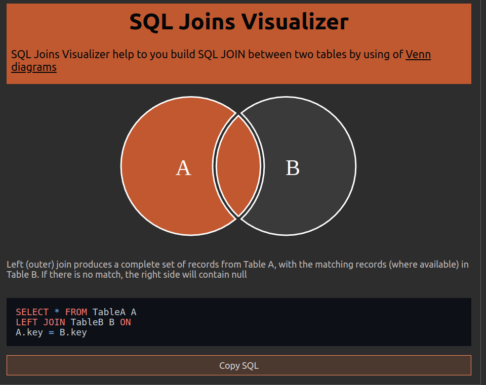 SQL joins visualizer with Venn diagram and SQL code example displayed