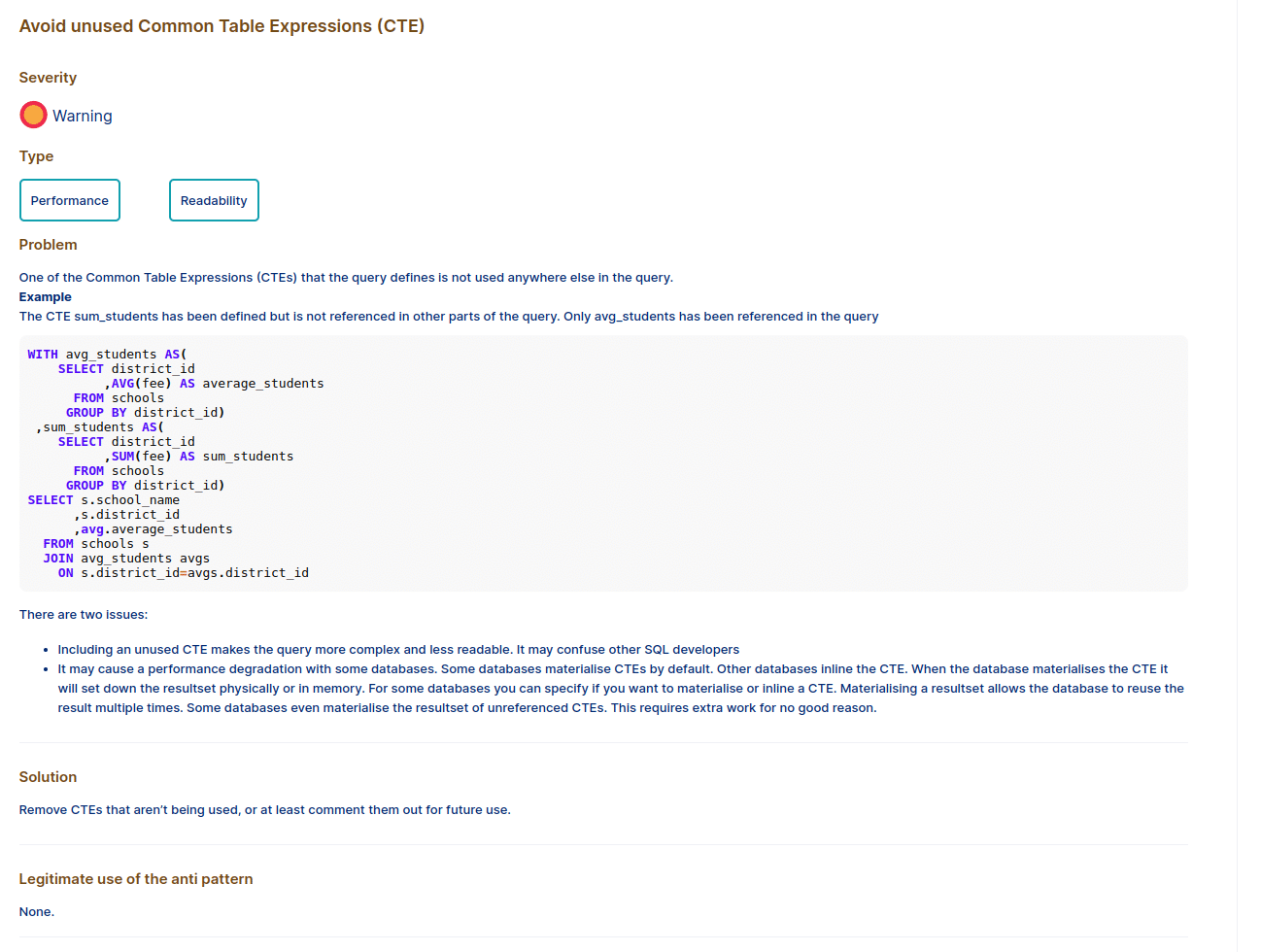 SQL query discussing unused Common Table Expressions and performance issues