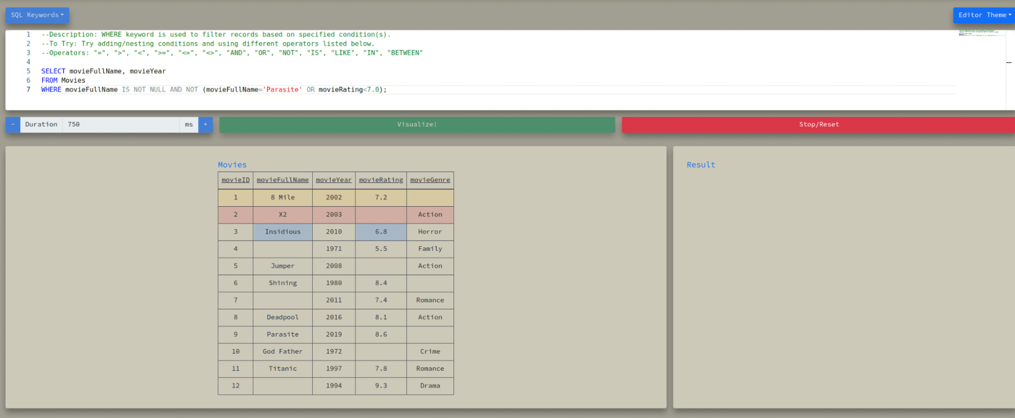 SQL query interface displaying movie data and filtering options