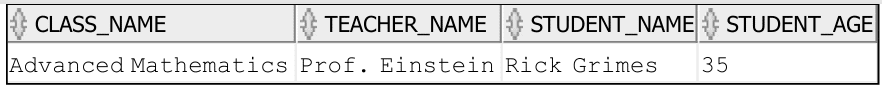 Table showing class name Advanced Mathematics teacher Prof. Einstein student Rick Grimes age 35.