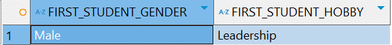 Table showing FIRST_STUDENT_GENDER as Male and FIRST_STUDENT_HOBBY as Leadership