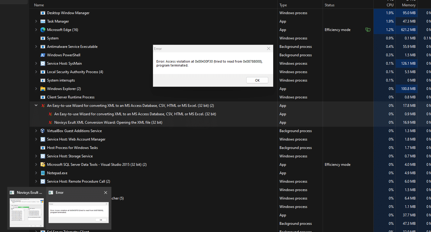 Task Manager showing an error message for an XML conversion program with access violation