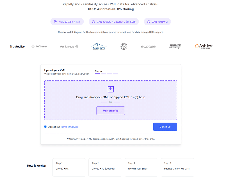 XML data conversion interface allowing file upload with options for CSV, SQL, and Excel output