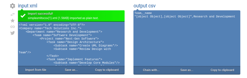 XML to CSV conversion tool showing successful XML import and CSV output