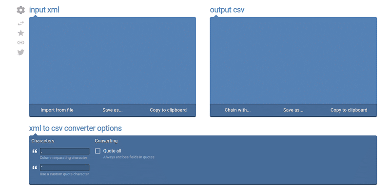 XML to CSV converter interface with input, output fields, and customizable conversion options