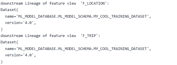 code snippet showing dataset lineage for feature views F_LOCATION and F_TRIP