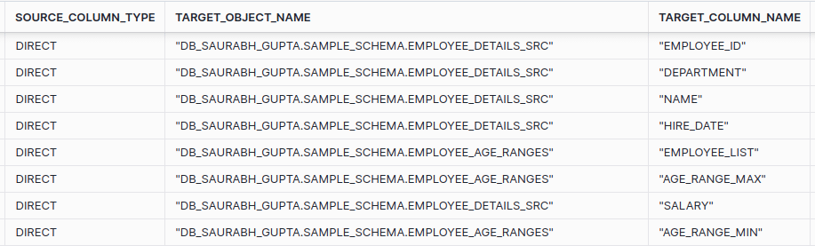 data table showing source and target column mapping information