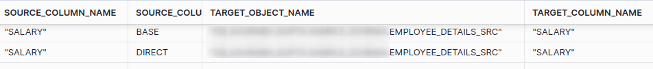 data table showing source and target column names for salary details