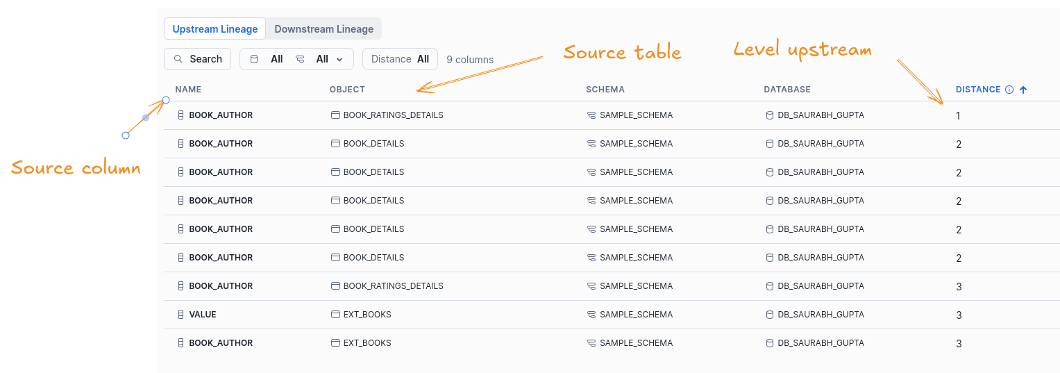 Data table showing source and upstream lineage relationships