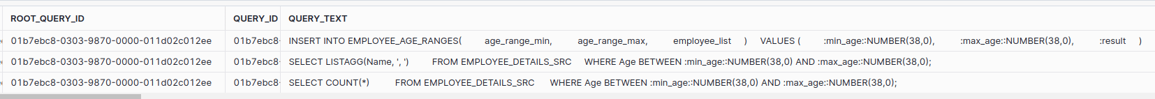 database query log with multiple SQL commands displayed in a table format