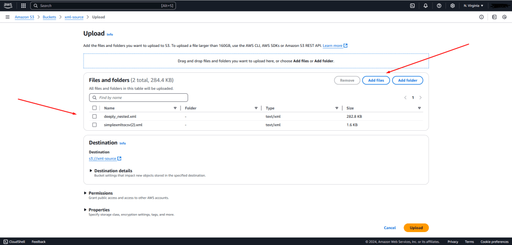 Amazon S3 upload interface showing XML file options and destination settings