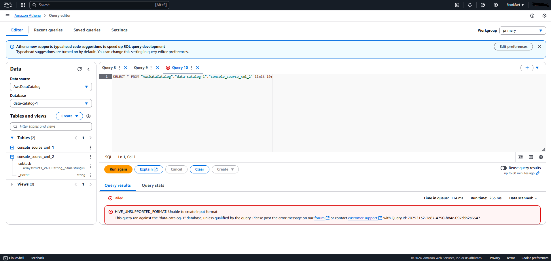 AWS Athena query editor with error message and SQL code displayed