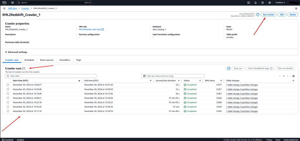 AWS Glue crawler properties and runs overview interface display