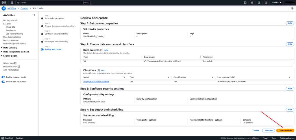 AWS Glue crawler setup review and create interface screenshot