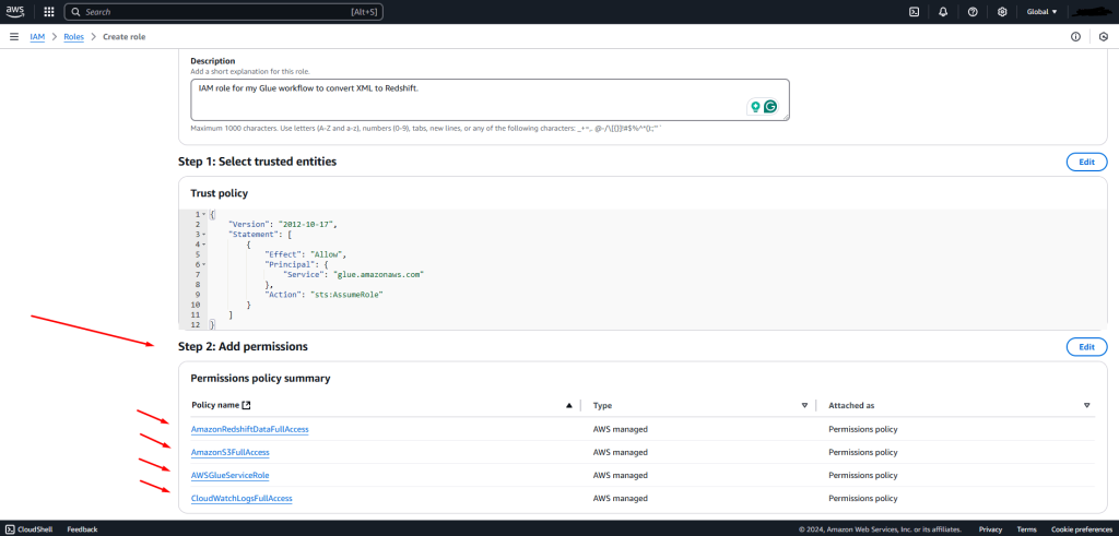 AWS IAM create role permissions for Glue and Redshift workflow management