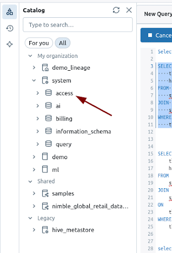 Catalog view Navigate organisational systems databases and schemas for query access