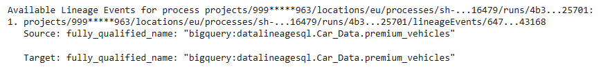 Data lineage events showcasing source and target information for projects