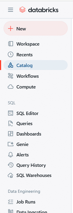 Databricks interface showing catalog workflows and SQL options menu