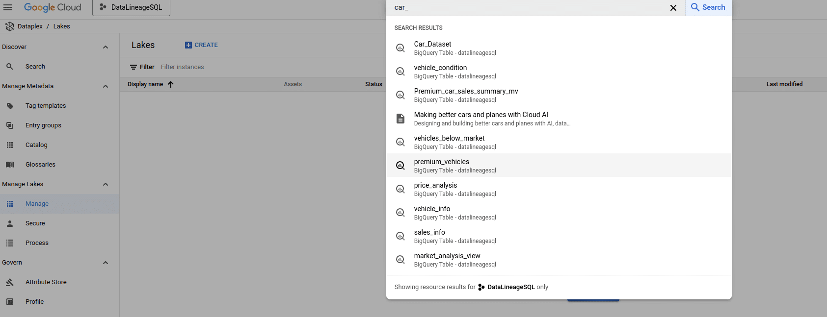 Google Cloud Dataplex management interface for vehicle data analysis