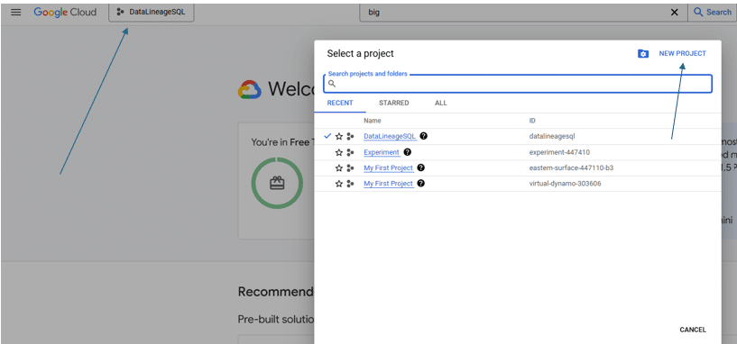 Google Cloud project selection interface for DataLineageSQL access