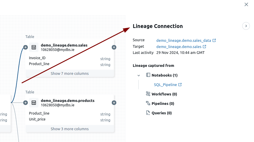 Lineage connection details View source target last activity and captured lineage paths