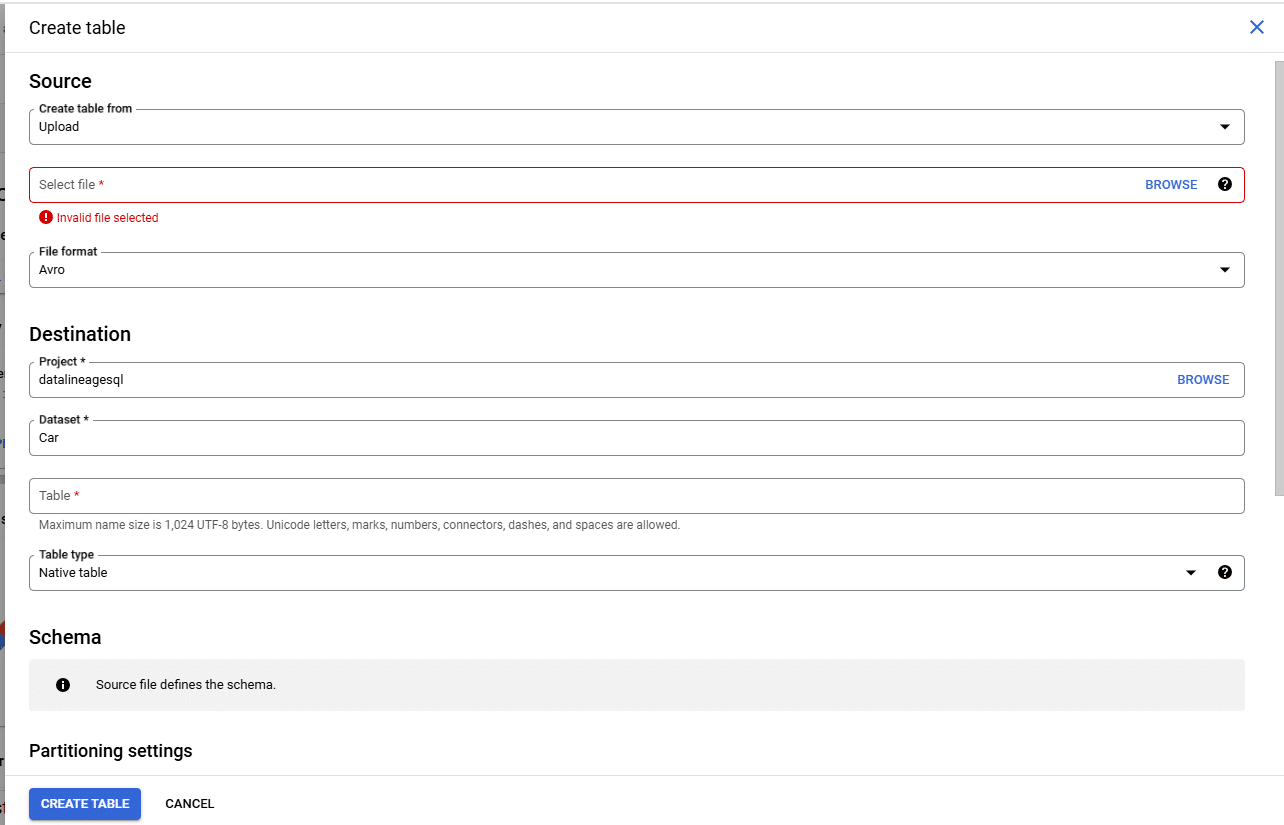 Upload and configure file settings for data table creation in the app