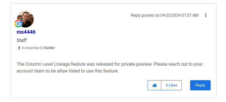 User comment about Column Level Lineage feature release for private preview