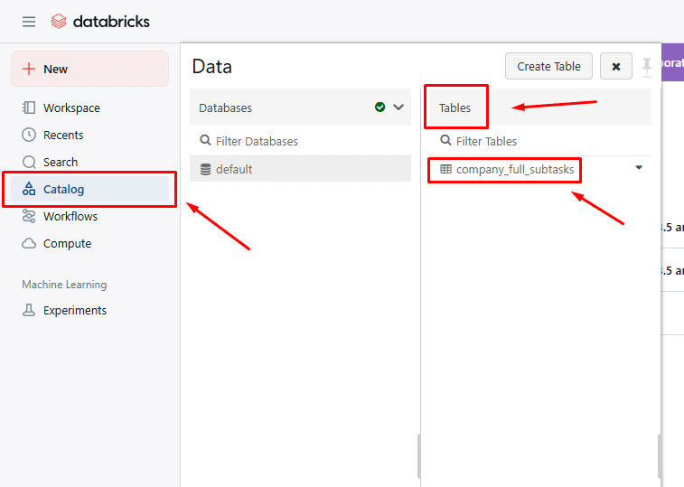 Data management interface showcasing table catalog selection in Databricks