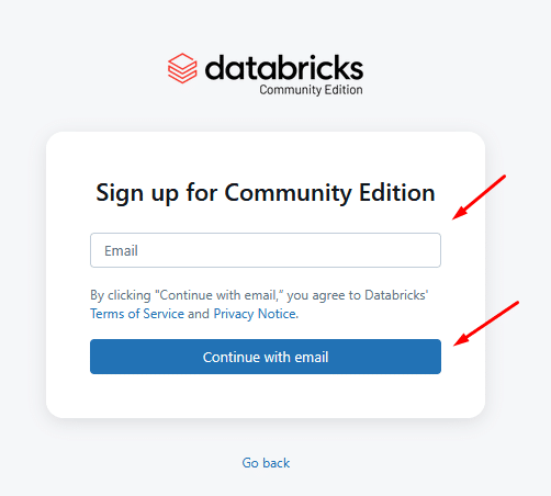 Databricks Community Edition email sign up form for users