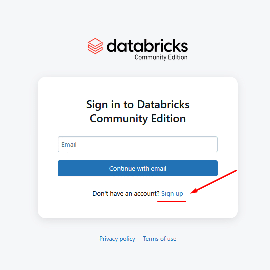 Databricks Community Edition sign in page with sign up option highlighted