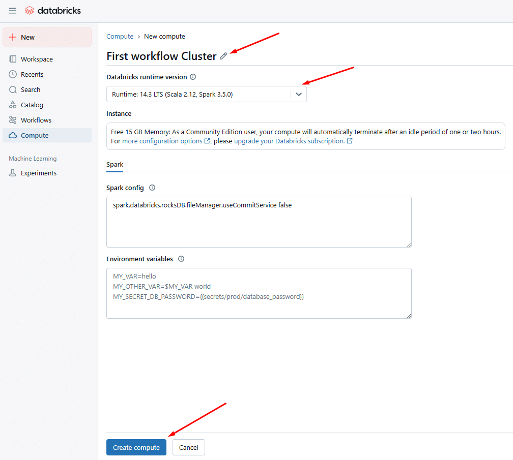 Databricks interface for creating a new compute cluster setup process