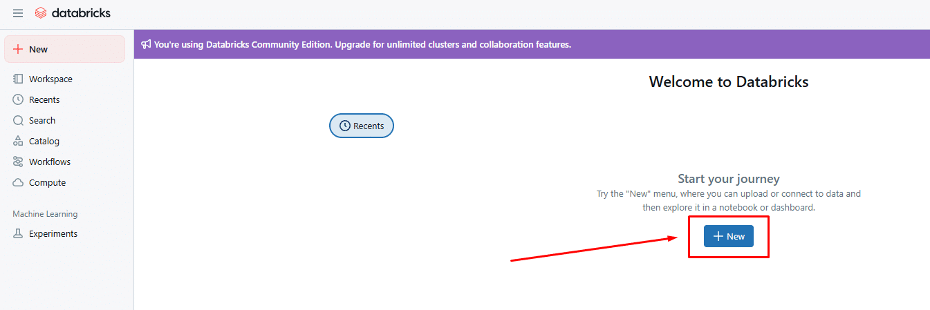 Databricks interface highlighting New button for data exploration features